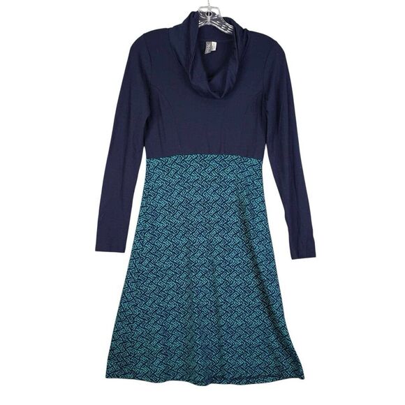 Ibex Dress Blue Green Womens Size XS Printed Long Sleeve Merino Wool Cowl Neck - Picture 2 of 9